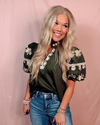 Regal Bloom Embroidered Puff Sleeve Blouse - Hunter Green