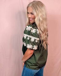 Regal Bloom Embroidered Puff Sleeve Blouse - Hunter Green
