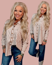 Linear Muse Striped Button Down Top - Brown