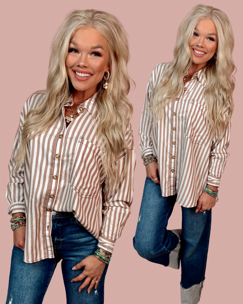 Linear Muse Striped Button Down Top - Brown