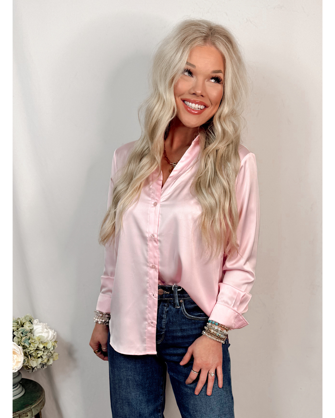 Soft Promise Satin Long Sleeve Button Up Top - Soft Pink