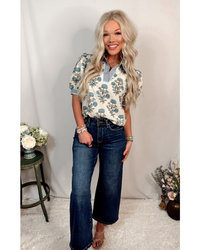 Magnolia Market Floral Collared Puff Sleeve Blouse - Light Blue