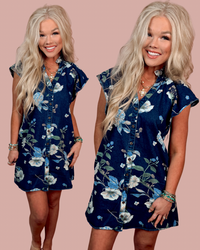 Wild Indigo Denim Floral Print Mini Dress