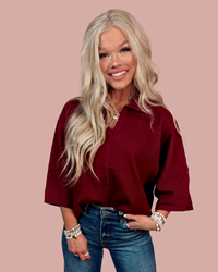 Refined Ease Ribbed 3/4 Sleeve Knit Top - Burgundy