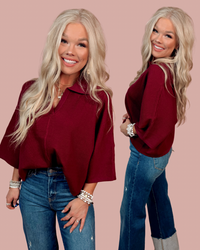 Refined Ease Ribbed 3/4 Sleeve Knit Top - Burgundy