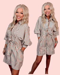 Pinstripe Poised Tailored Mini Dress - Mocha
