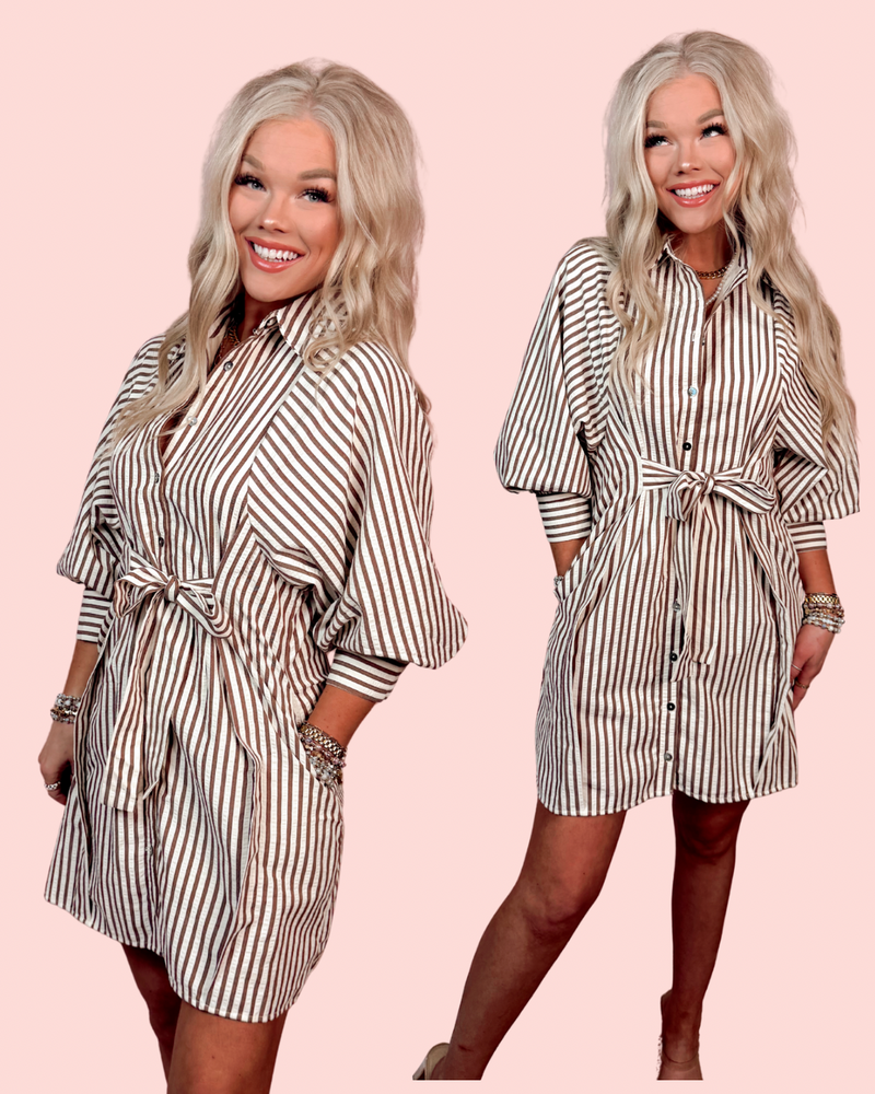 Pinstripe Poised Tailored Mini Dress - Mocha