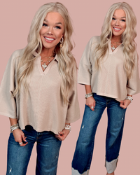 Refined Ease Ribbed 3/4 Sleeve Knit Top - Oatmeal