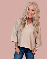 Refined Ease Ribbed 3/4 Sleeve Knit Top - Oatmeal