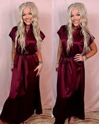 Merlot Memories Midi Satin Tie Dress - Wine