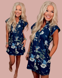 Wild Indigo Denim Floral Print Mini Dress