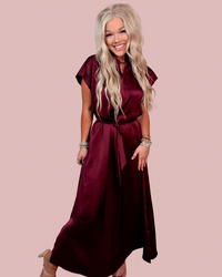 Merlot Memories Midi Satin Tie Dress - Wine