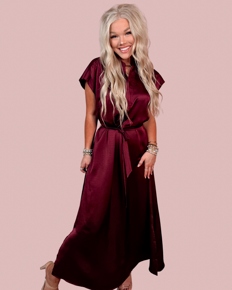 Merlot Memories Midi Satin Tie Dress - Wine