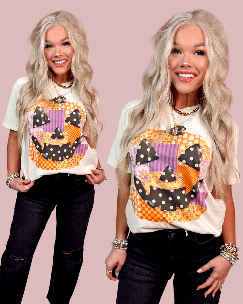 Pumpkin Patchwork Printed Jack O Lantern Graphic Tee
