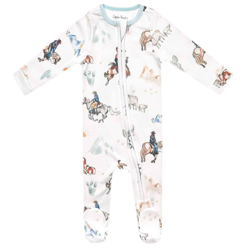 Children's onesie with horse and rider pattern on a white background