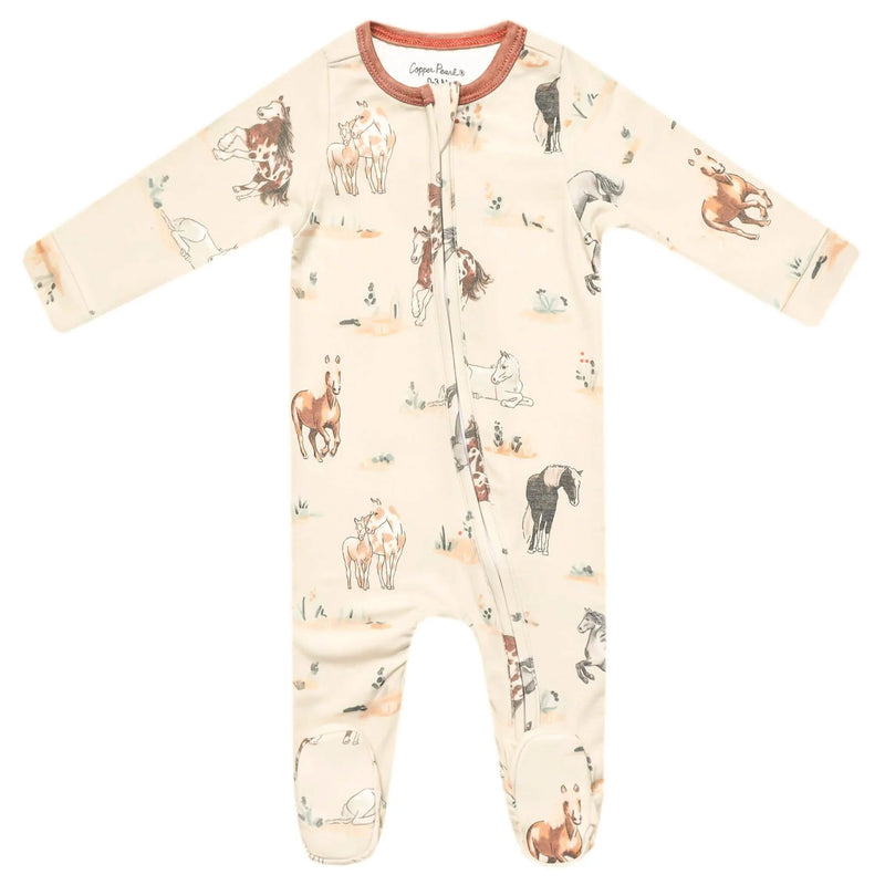 Taupe baby onesie with horse pattern on a white background
