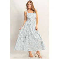 Whispering Grace Floral Print Midi Dress - Blue