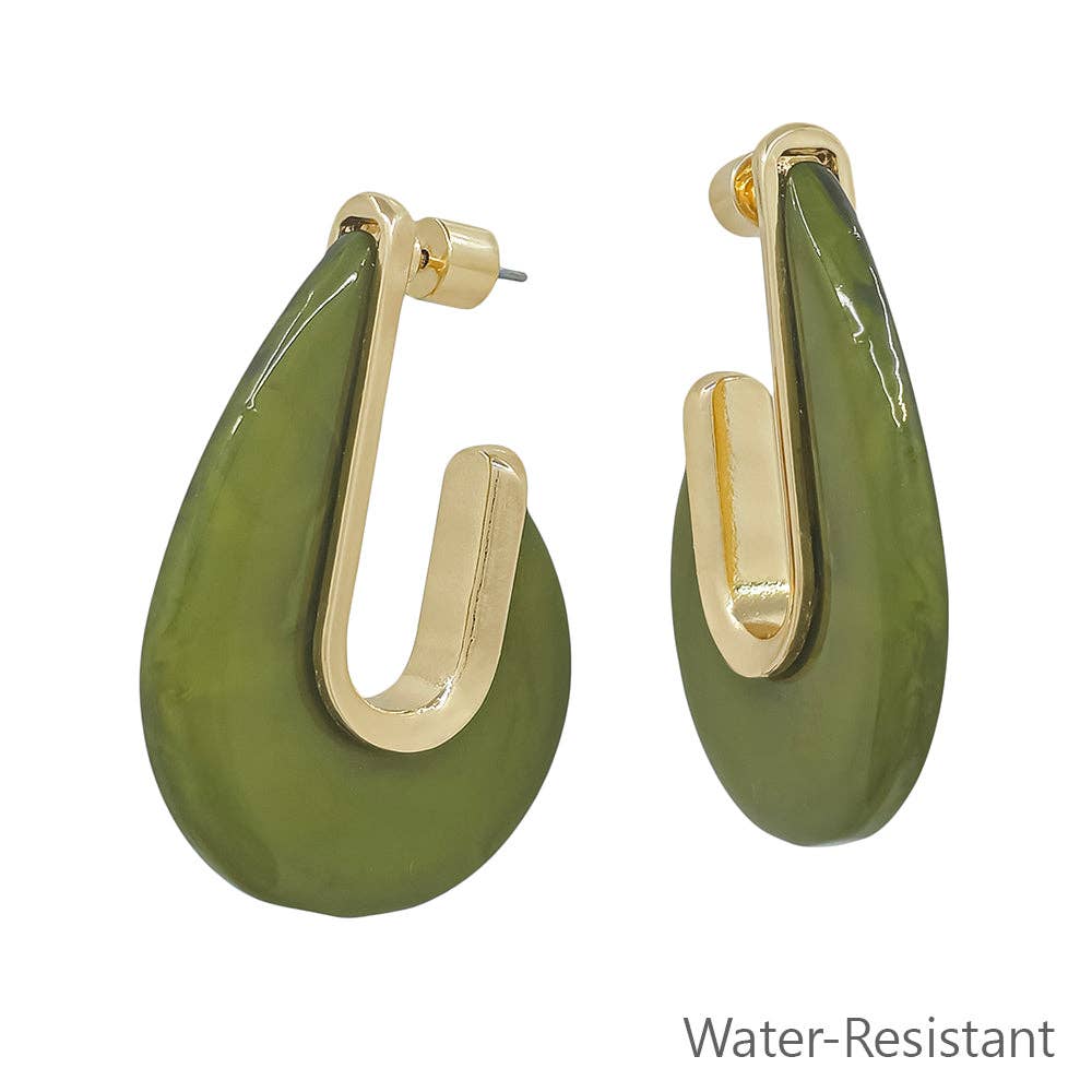 Monroe Olive Martini Acrylic Water Resistant Gold Teardrop 2" Earrings