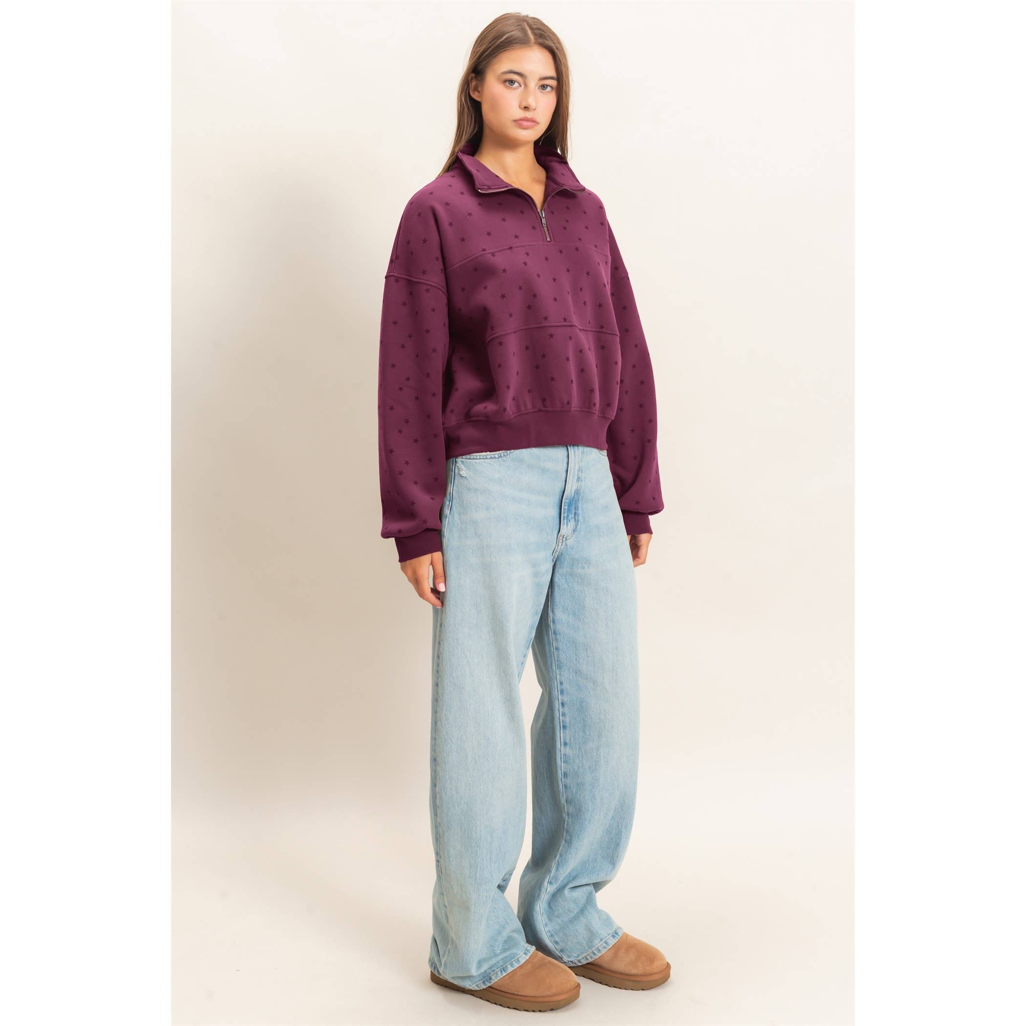 All Star Printed Quarter Zip Pullover Top in Maroon