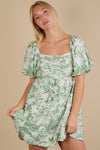 Tea Party Elegance Floral Print Puff Sleeve Mini Dress - Green