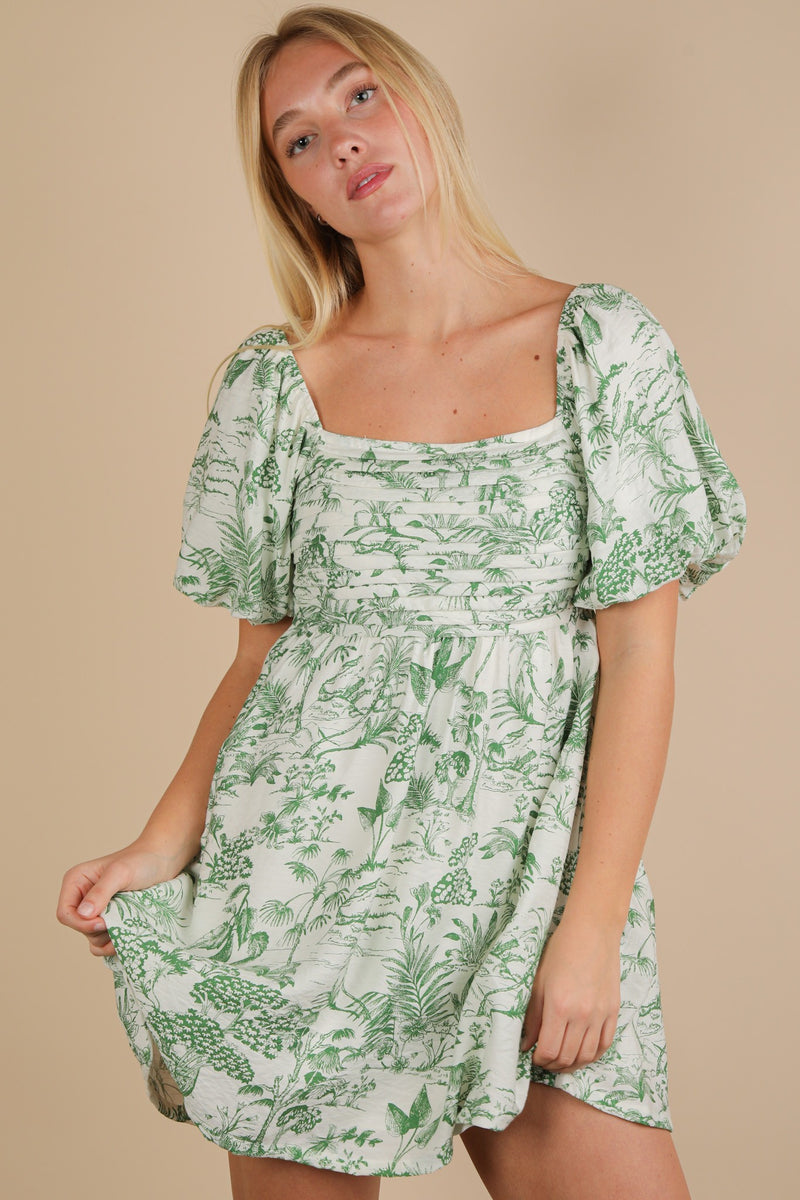 Tea Party Elegance Floral Print Puff Sleeve Mini Dress - Green