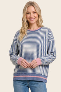 Favorite Find Striped Raw Edge Long Sleeve Top - Blue