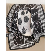 Floral & Equestrian Print Square Scarf with Houndstooth Border