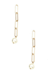 Linear Links Paperclip Dangle Post Earrings w/ Pearl