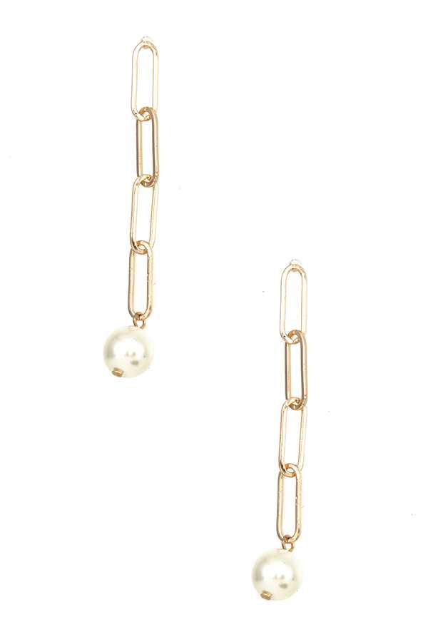 Linear Links Paperclip Dangle Post Earrings w/ Pearl