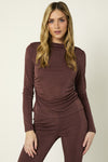 Sleek In Slinky Metallic Eggplant Side Shirring Long Sleeve Top