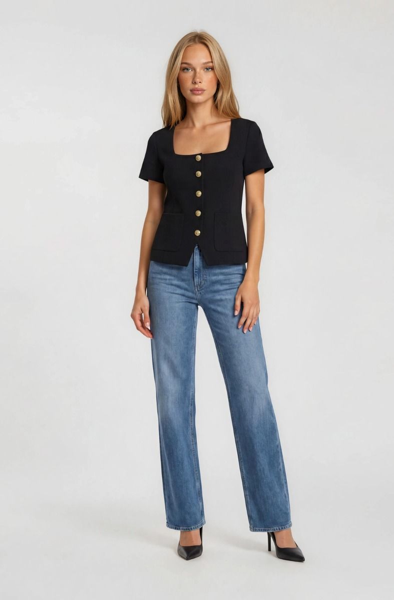 Sophisticated Chic Square Neck Tailored Button Up Top
