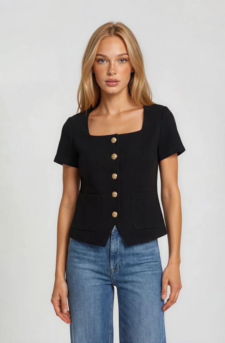 Sophisticated Chic Square Neck Tailored Button Up Top