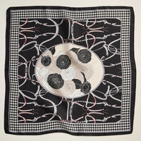 Floral & Equestrian Print Square Scarf with Houndstooth Border