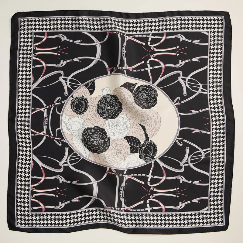 Floral & Equestrian Print Square Scarf with Houndstooth Border