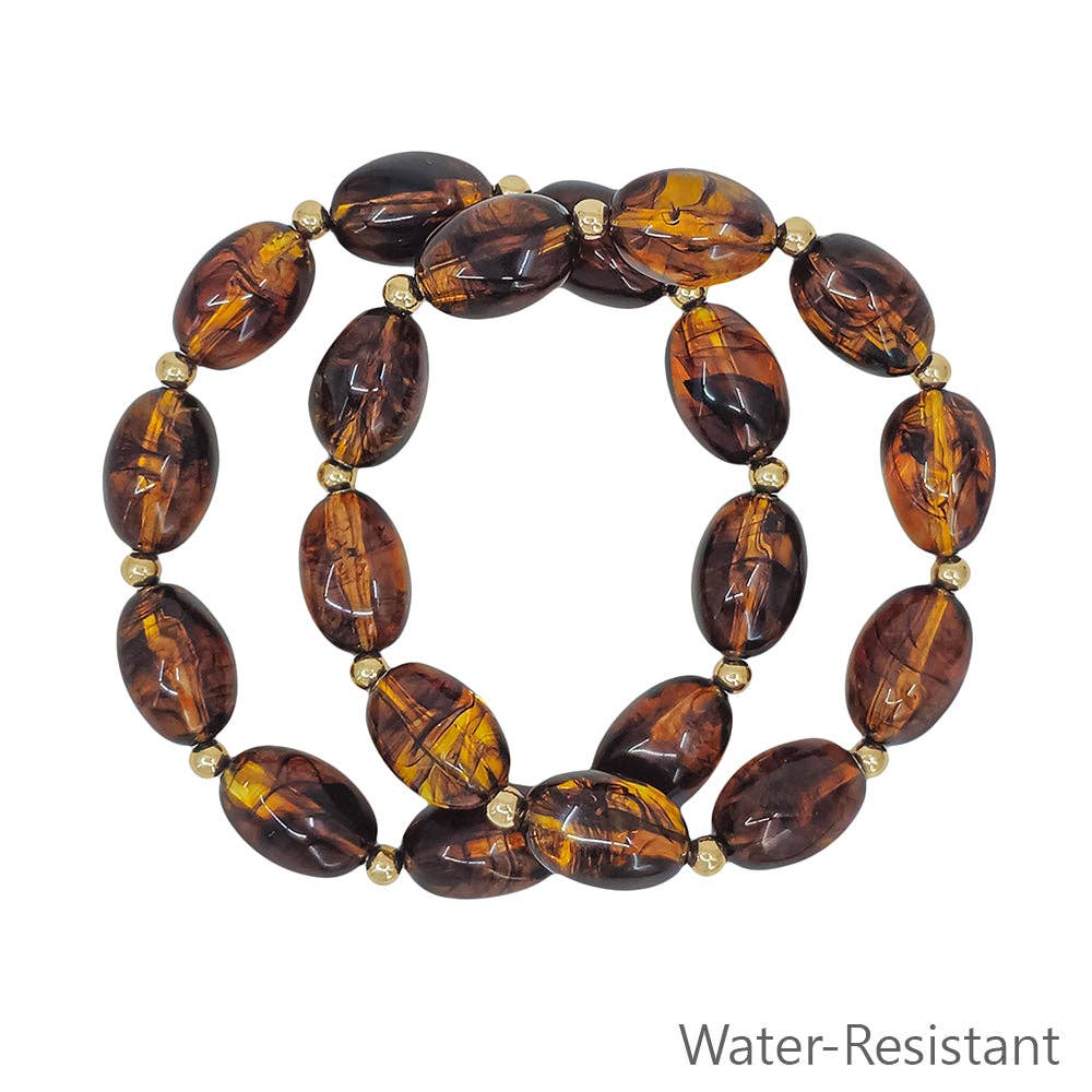 Amber Acrylic Tortoise Luxe Gold Dipped Beaded Stretch Bracelets - Set of 2