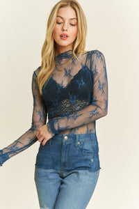 Lovely in Lace Mesh Fitted Long Sleeve Top - Teal