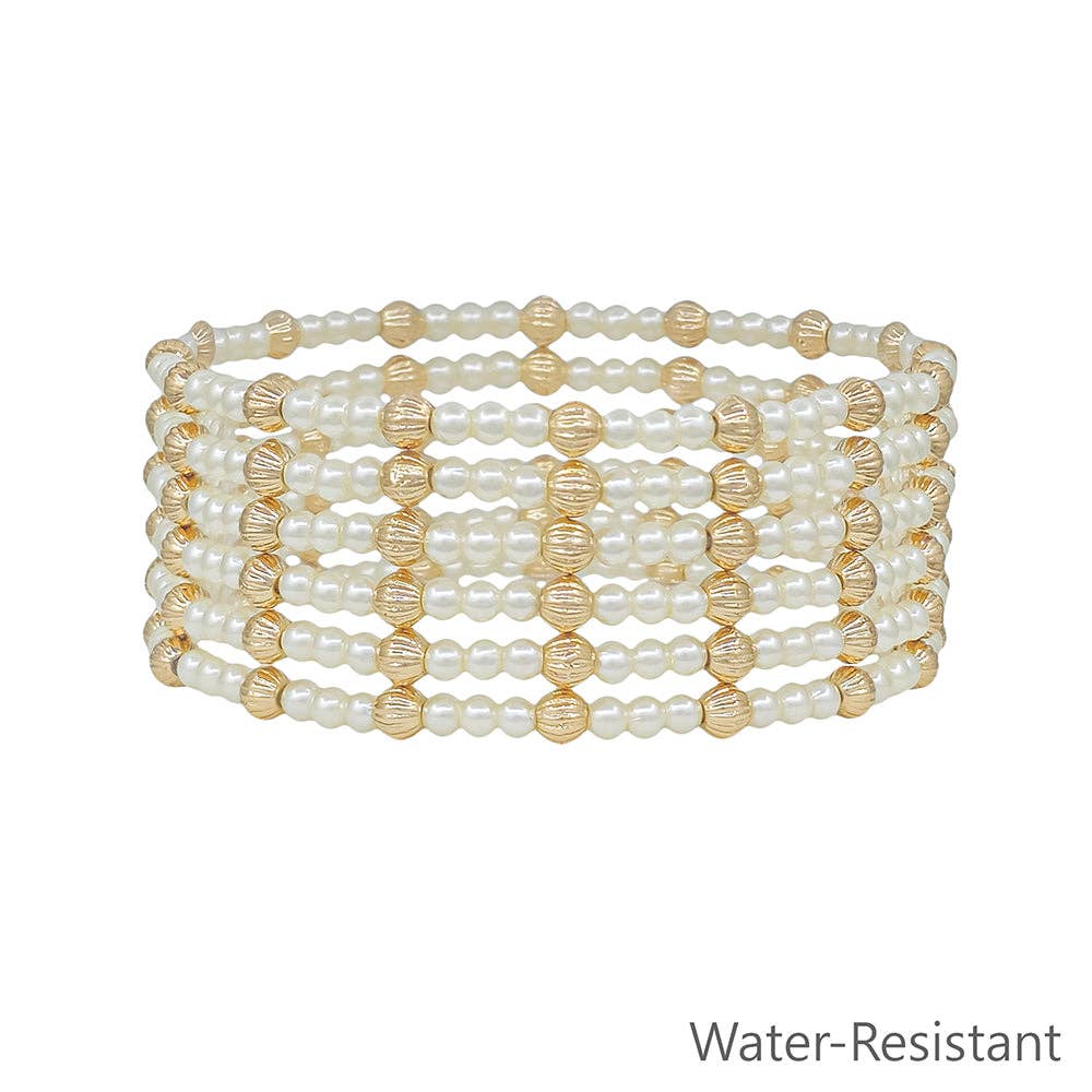Water Resistant Mixed Metals Set of 6 4MM + 3MM Gold &Pearl Beaded Stretch Bracelets