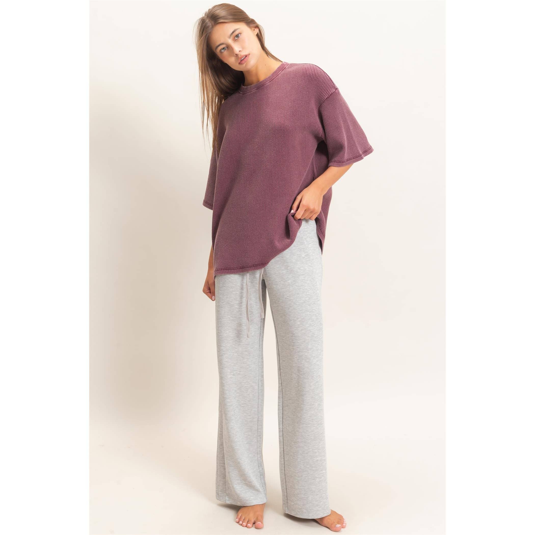 Monday Morning Mineral Wash Ribbed Crew Neck Short Sleeve Basic Blouse in Dark Cherry