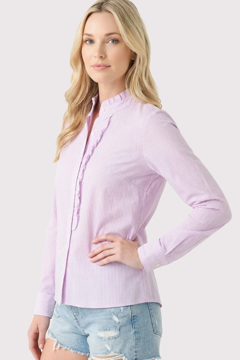 Lilac Whisper Frill Neck Pinstripe Button Up