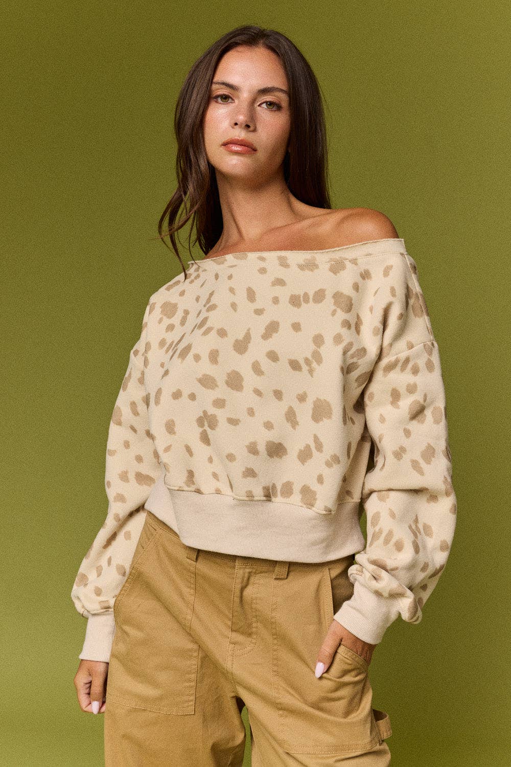 Speckled Spice Spotted Print Off The Shoulder Sweatshirt / Top