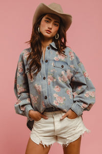 Vintage Vines Floral Print Denim Shacket