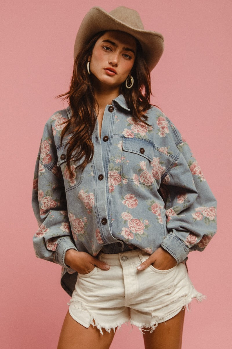 Vintage Vines Floral Print Denim Shacket