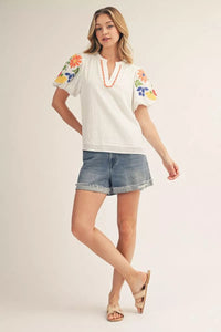 Sunshine Stitch Gingham Embroidered Sleeve Top - White