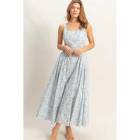 Whispering Grace Floral Print Midi Dress - Blue