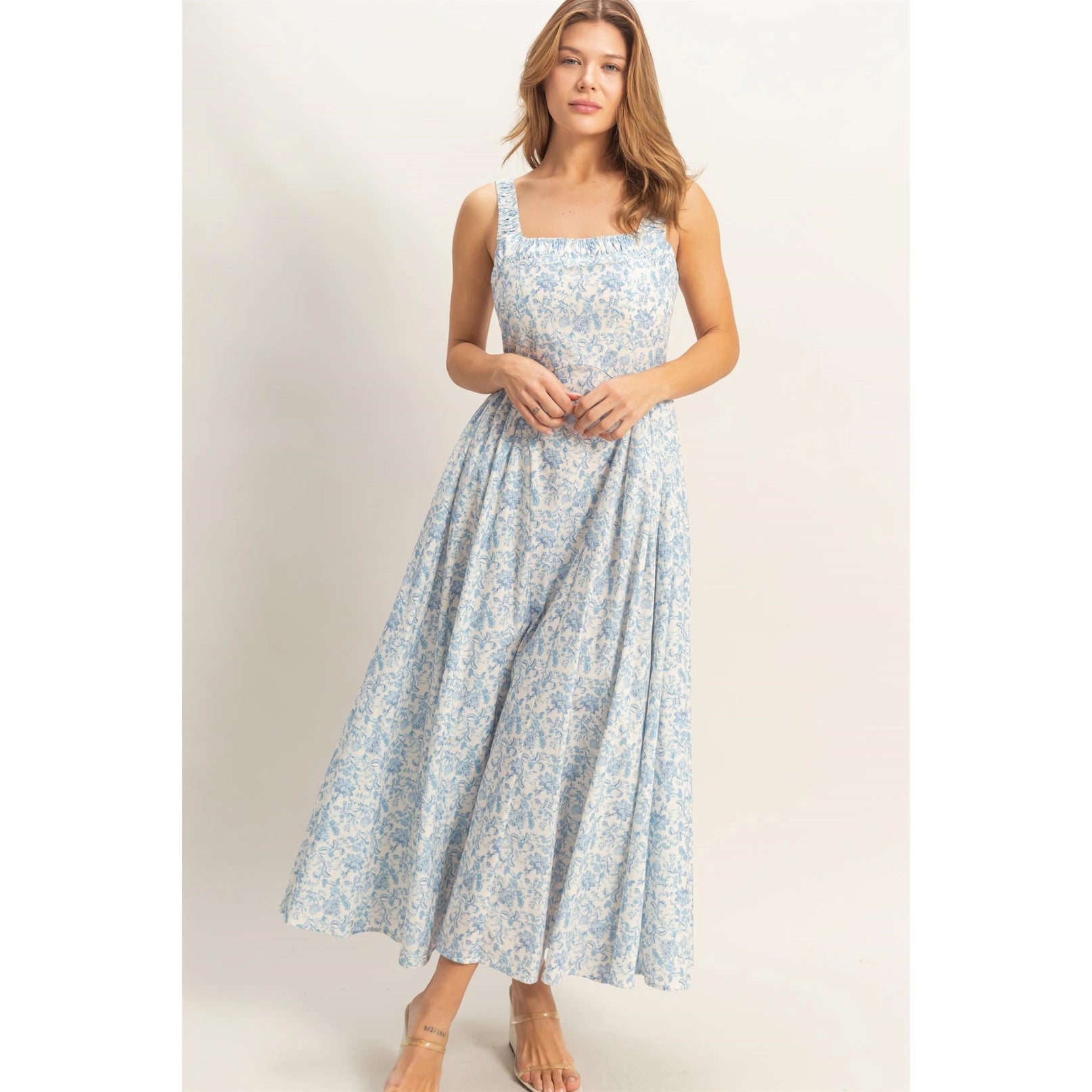 Whispering Grace Floral Print Midi Dress - Blue