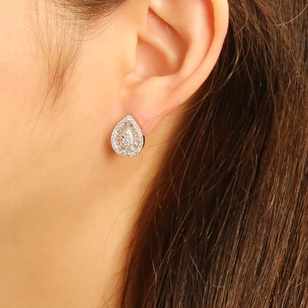 White Gold Dipped Teardrop Cubic Zirconia Encrusted Post Earrings - Silver