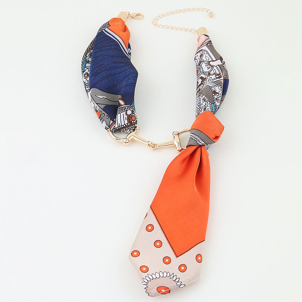 Terracotta Detailed Print Scarf Necklace w/ Bit Charm
