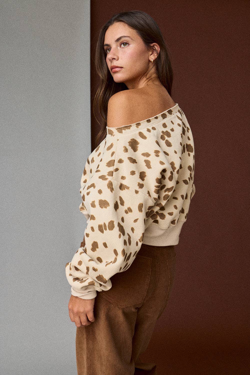 Speckled Spice Spotted Print Off The Shoulder Sweatshirt / Top