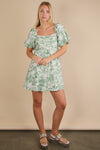 Tea Party Elegance Floral Print Puff Sleeve Mini Dress - Green