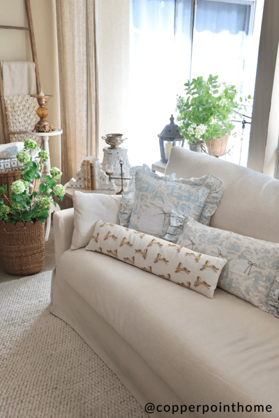 Lumbar Ruffle Trim Toile Embroidered Bunny Pillow